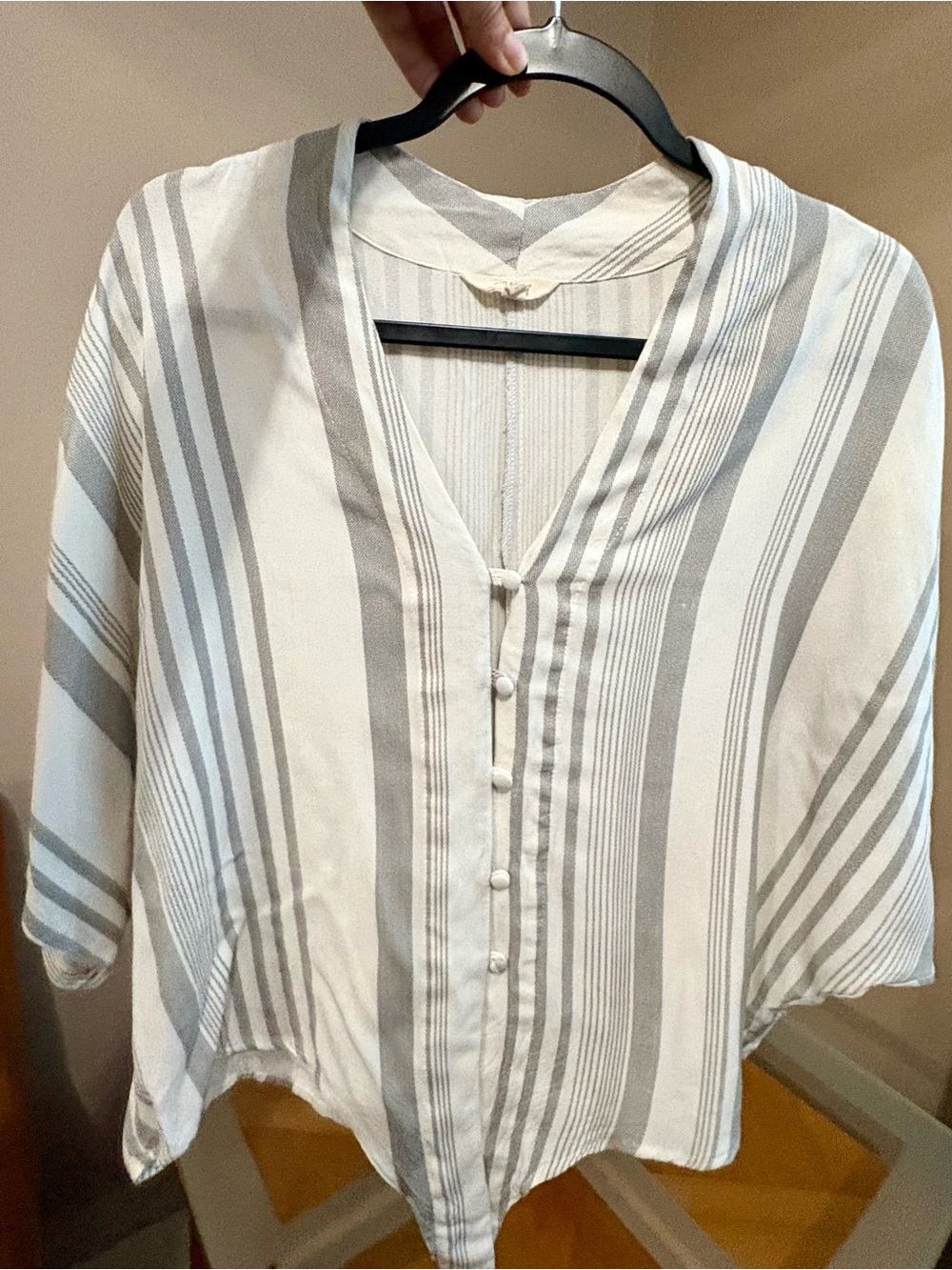 Striped V-Neck Kimono Top - Neutral Grey & Coastal Boho Vibe
